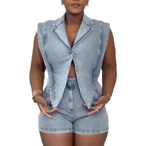 Women Denim Romper Sleeveless Cut Out Jumpsuit Summer Casual Fashion